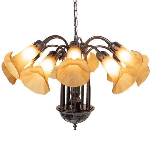 Meyda Lighting Tiffany Pond Lily 24" 12-Light Mahogany Bronze Chandelier With Amber Favrile Shade Glass