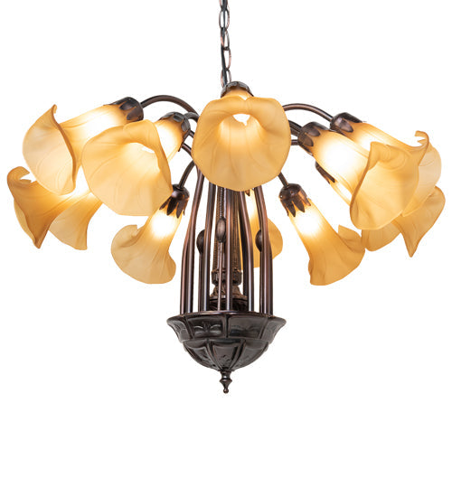 Meyda Lighting Tiffany Pond Lily 24" 12-Light Mahogany Bronze Chandelier With Amber Favrile Shade Glass