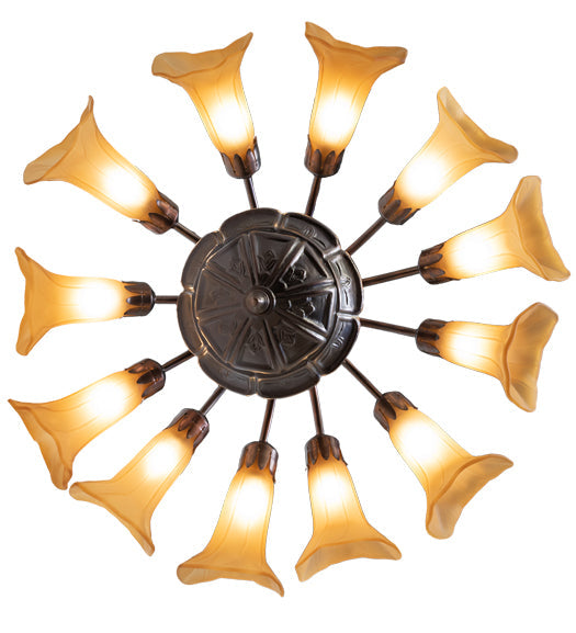 Meyda Lighting Tiffany Pond Lily 24" 12-Light Mahogany Bronze Chandelier With Amber Favrile Shade Glass