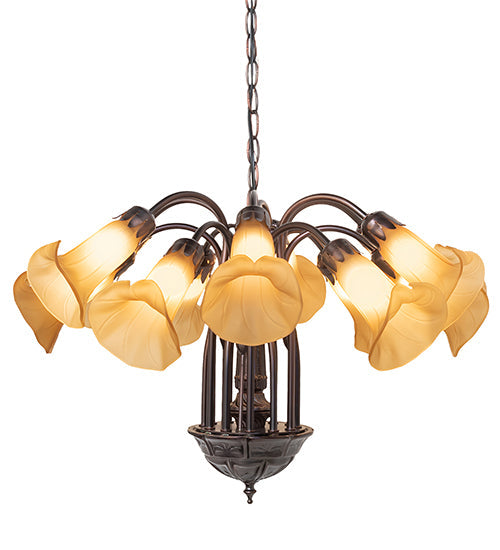 Meyda Lighting Tiffany Pond Lily 24" 12-Light Mahogany Bronze Chandelier With Amber Favrile Shade Glass