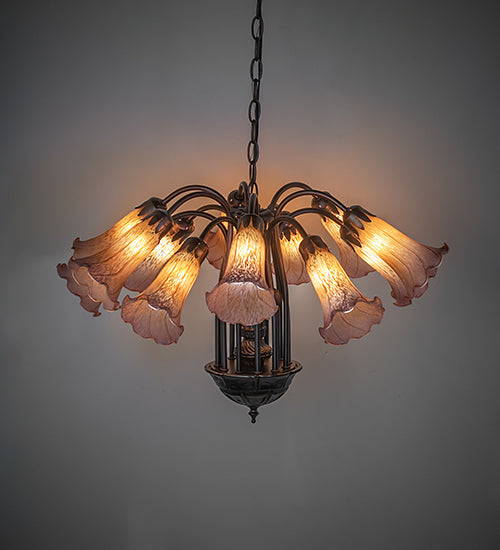 Meyda Lighting Tiffany Pond Lily 24" 12-Light Mahogany Bronze Chandelier With Amber & Purple Shade Glass