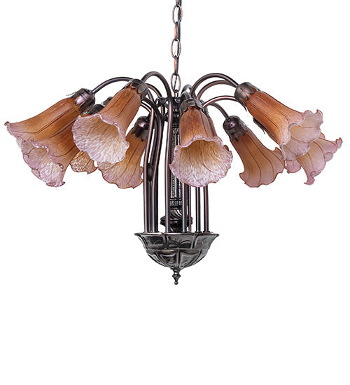Meyda Lighting Tiffany Pond Lily 24" 12-Light Mahogany Bronze Chandelier With Amber & Purple Shade Glass