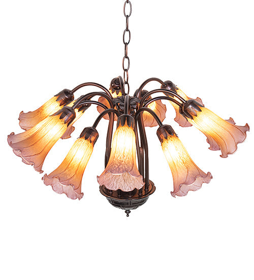 Meyda Lighting Tiffany Pond Lily 24" 12-Light Mahogany Bronze Chandelier With Amber & Purple Shade Glass