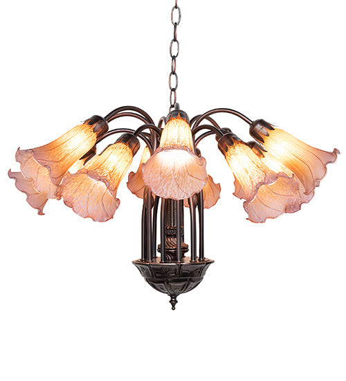 Meyda Lighting Tiffany Pond Lily 24" 12-Light Mahogany Bronze Chandelier With Amber & Purple Shade Glass