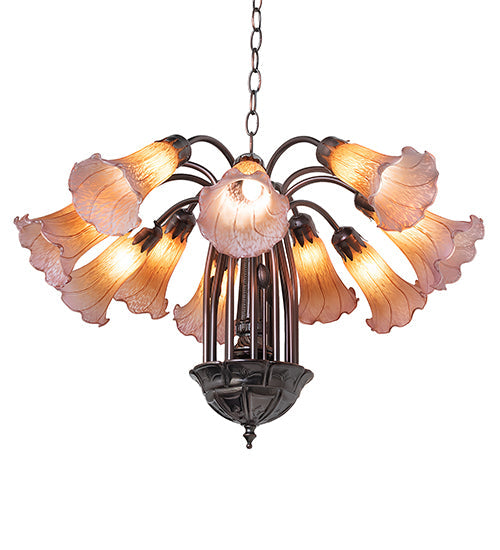 Meyda Lighting Tiffany Pond Lily 24" 12-Light Mahogany Bronze Chandelier With Amber & Purple Shade Glass