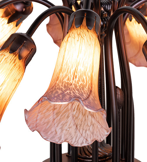 Meyda Lighting Tiffany Pond Lily 24" 12-Light Mahogany Bronze Chandelier With Amber & Purple Shade Glass