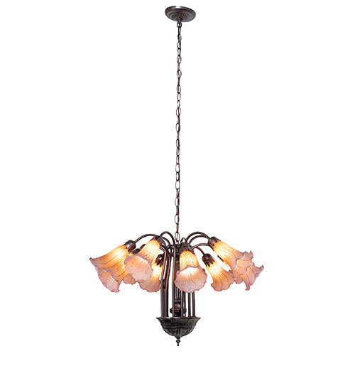 Meyda Lighting Tiffany Pond Lily 24" 12-Light Mahogany Bronze Chandelier With Amber & Purple Shade Glass