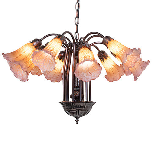 Meyda Lighting Tiffany Pond Lily 24" 12-Light Mahogany Bronze Chandelier With Amber & Purple Shade Glass