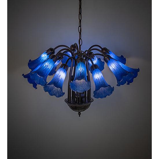 Meyda Lighting Tiffany Pond Lily 24" 12-Light Mahogany Bronze Chandelier With Blue Shade Glass