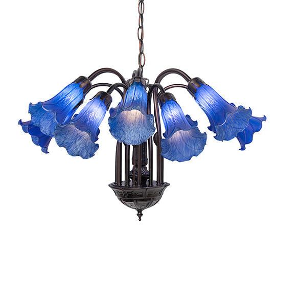 Meyda Lighting Tiffany Pond Lily 24" 12-Light Mahogany Bronze Chandelier With Blue Shade Glass