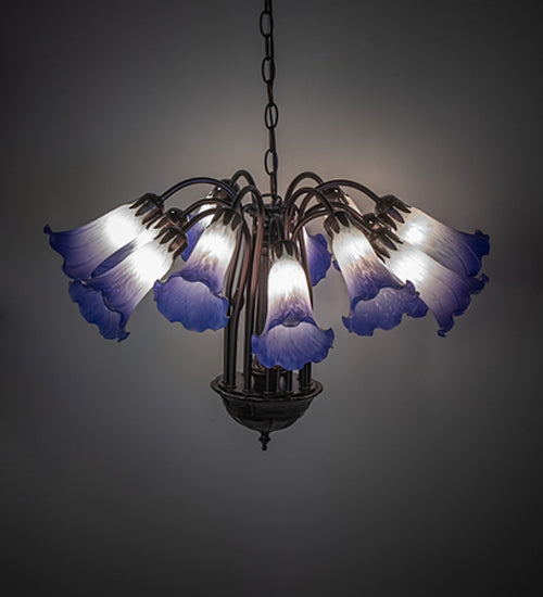 Meyda Lighting Tiffany Pond Lily 24" 12-Light Mahogany Bronze Chandelier With Blue & White Shade Glass