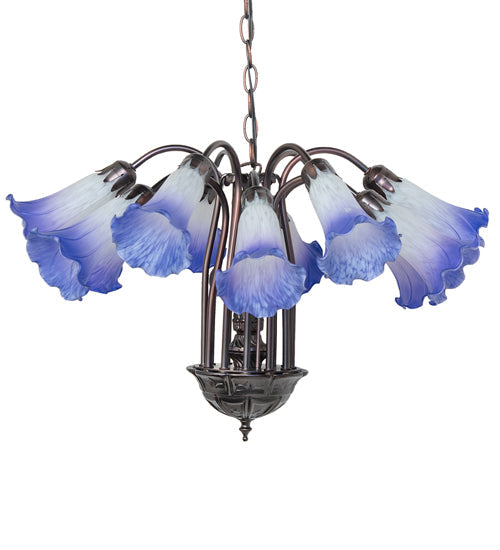 Meyda Lighting Tiffany Pond Lily 24" 12-Light Mahogany Bronze Chandelier With Blue & White Shade Glass