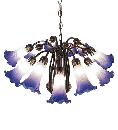Meyda Lighting Tiffany Pond Lily 24" 12-Light Mahogany Bronze Chandelier With Blue & White Shade Glass