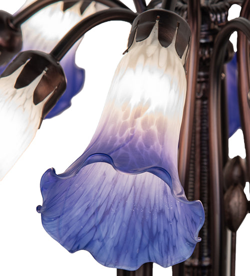Meyda Lighting Tiffany Pond Lily 24" 12-Light Mahogany Bronze Chandelier With Blue & White Shade Glass