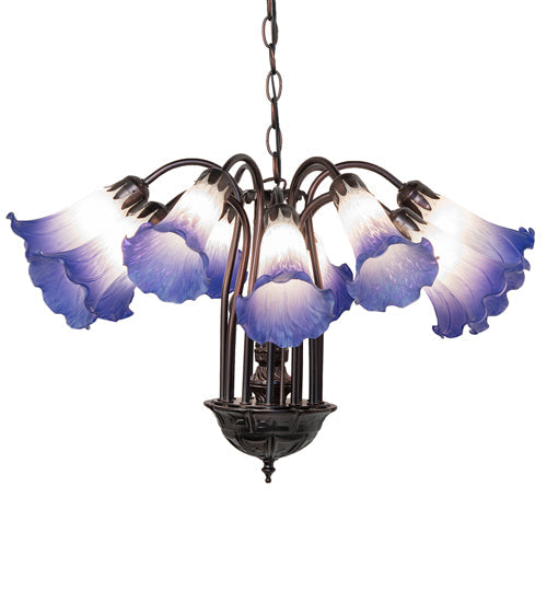 Meyda Lighting Tiffany Pond Lily 24" 12-Light Mahogany Bronze Chandelier With Blue & White Shade Glass