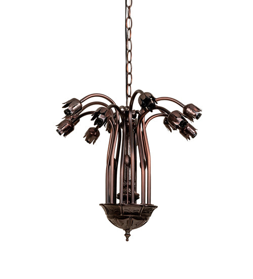 Meyda Lighting Tiffany Pond Lily 24" 12-Light Mahogany Bronze Chandelier With Cranberry & Light Green Shade Glass