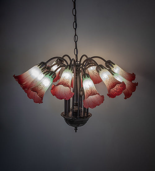 Meyda Lighting Tiffany Pond Lily 24" 12-Light Mahogany Bronze Chandelier With Cranberry & Light Green Shade Glass