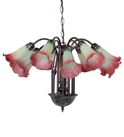 Meyda Lighting Tiffany Pond Lily 24" 12-Light Mahogany Bronze Chandelier With Cranberry & Light Green Shade Glass