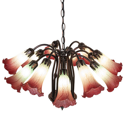 Meyda Lighting Tiffany Pond Lily 24" 12-Light Mahogany Bronze Chandelier With Cranberry & Light Green Shade Glass
