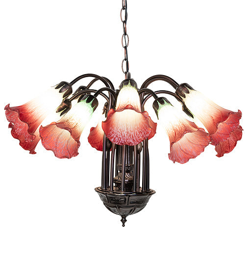 Meyda Lighting Tiffany Pond Lily 24" 12-Light Mahogany Bronze Chandelier With Cranberry & Light Green Shade Glass