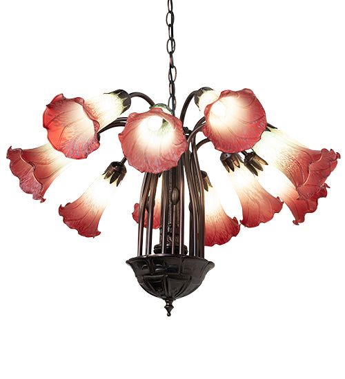 Meyda Lighting Tiffany Pond Lily 24" 12-Light Mahogany Bronze Chandelier With Cranberry & Light Green Shade Glass