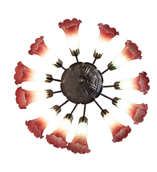 Meyda Lighting Tiffany Pond Lily 24" 12-Light Mahogany Bronze Chandelier With Cranberry & Light Green Shade Glass