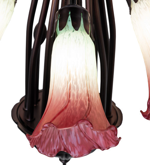 Meyda Lighting Tiffany Pond Lily 24" 12-Light Mahogany Bronze Chandelier With Cranberry & Light Green Shade Glass