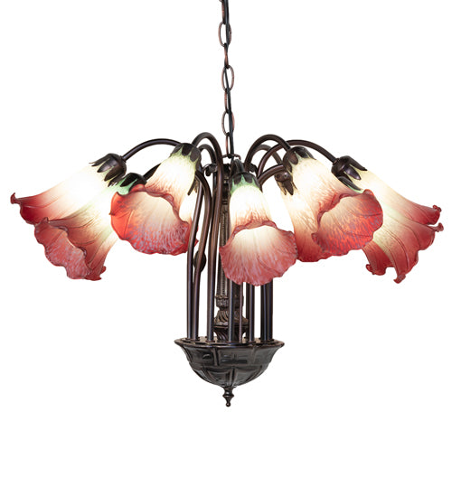 Meyda Lighting Tiffany Pond Lily 24" 12-Light Mahogany Bronze Chandelier With Cranberry & Light Green Shade Glass