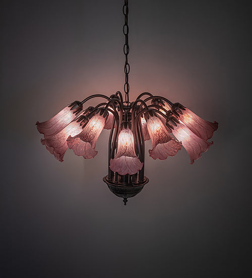Meyda Lighting Tiffany Pond Lily 24" 12-Light Mahogany Bronze Chandelier With Cranberry Red Shade Glass