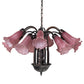Meyda Lighting Tiffany Pond Lily 24" 12-Light Mahogany Bronze Chandelier With Cranberry Red Shade Glass