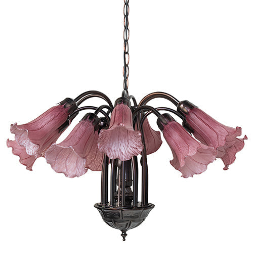 Meyda Lighting Tiffany Pond Lily 24" 12-Light Mahogany Bronze Chandelier With Cranberry Red Shade Glass