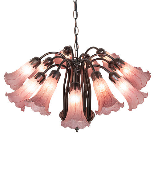 Meyda Lighting Tiffany Pond Lily 24" 12-Light Mahogany Bronze Chandelier With Cranberry Red Shade Glass