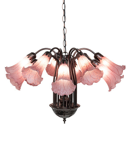 Meyda Lighting Tiffany Pond Lily 24" 12-Light Mahogany Bronze Chandelier With Cranberry Red Shade Glass