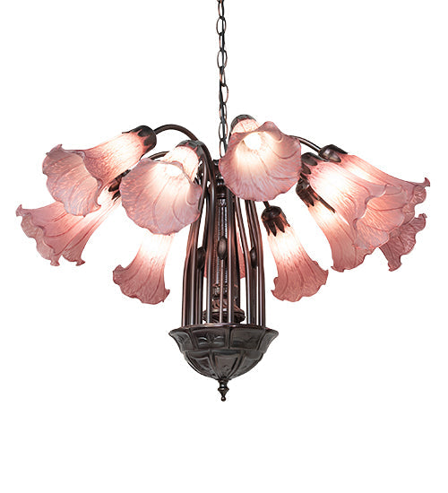 Meyda Lighting Tiffany Pond Lily 24" 12-Light Mahogany Bronze Chandelier With Cranberry Red Shade Glass