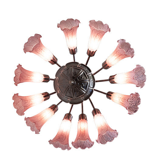 Meyda Lighting Tiffany Pond Lily 24" 12-Light Mahogany Bronze Chandelier With Cranberry Red Shade Glass