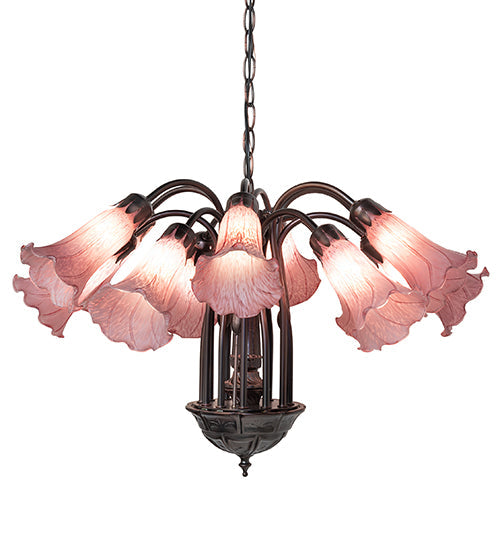 Meyda Lighting Tiffany Pond Lily 24" 12-Light Mahogany Bronze Chandelier With Cranberry Red Shade Glass