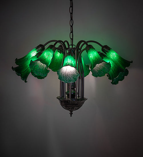 Meyda Lighting Tiffany Pond Lily 24" 12-Light Mahogany Bronze Chandelier With Green Shade Glass
