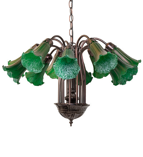 Meyda Lighting Tiffany Pond Lily 24" 12-Light Mahogany Bronze Chandelier With Green Shade Glass