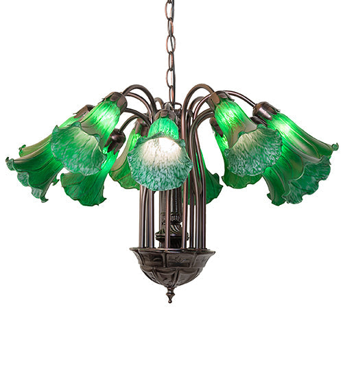 Meyda Lighting Tiffany Pond Lily 24" 12-Light Mahogany Bronze Chandelier With Green Shade Glass
