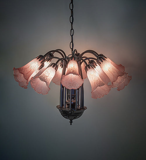 Meyda Lighting Tiffany Pond Lily 24" 12-Light Mahogany Bronze Chandelier With Pink Shade Glass