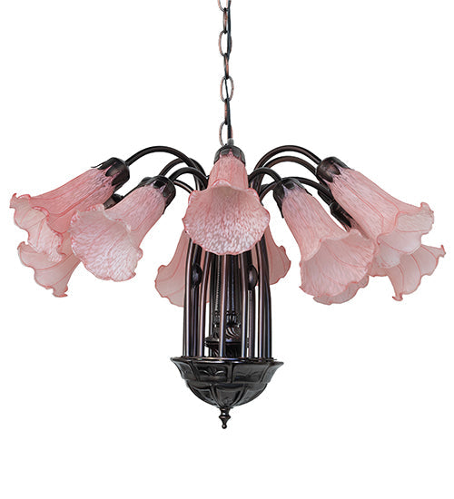 Meyda Lighting Tiffany Pond Lily 24" 12-Light Mahogany Bronze Chandelier With Pink Shade Glass
