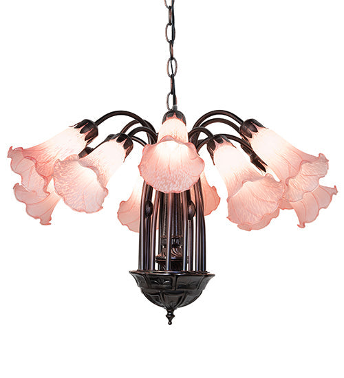 Meyda Lighting Tiffany Pond Lily 24" 12-Light Mahogany Bronze Chandelier With Pink Shade Glass