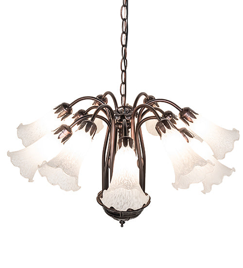 Meyda Lighting Tiffany Pond Lily 24" 12-Light Mahogany Bronze Chandelier With White Shade Glass