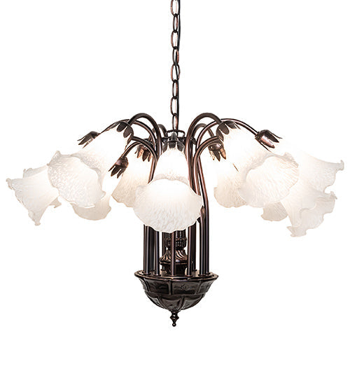 Meyda Lighting Tiffany Pond Lily 24" 12-Light Mahogany Bronze Chandelier With White Shade Glass