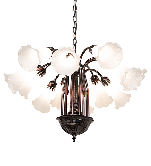 Meyda Lighting Tiffany Pond Lily 24" 12-Light Mahogany Bronze Chandelier With White Shade Glass