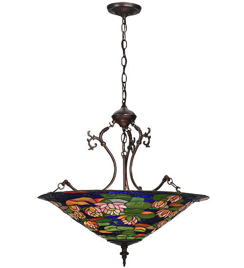 Meyda Lighting Tiffany Pond Lily 24" 3-Light Mahogany Bronze Inverted Pendant Light With Multi-Colored Shade Glass