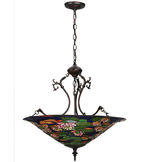Meyda Lighting Tiffany Pond Lily 24" 3-Light Mahogany Bronze Inverted Pendant Light With Multi-Colored Shade Glass