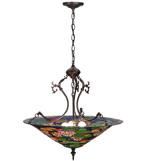 Meyda Lighting Tiffany Pond Lily 24" 3-Light Mahogany Bronze Inverted Pendant Light With Multi-Colored Shade Glass
