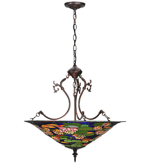 Meyda Lighting Tiffany Pond Lily 24" 3-Light Mahogany Bronze Inverted Pendant Light With Multi-Colored Shade Glass