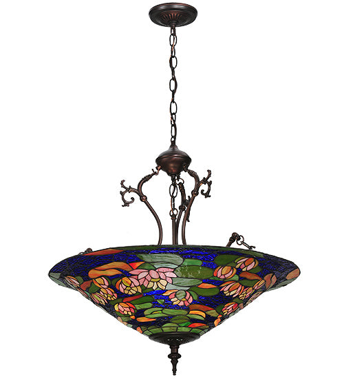 Meyda Lighting Tiffany Pond Lily 24" 3-Light Mahogany Bronze Inverted Pendant Light With Multi-Colored Shade Glass